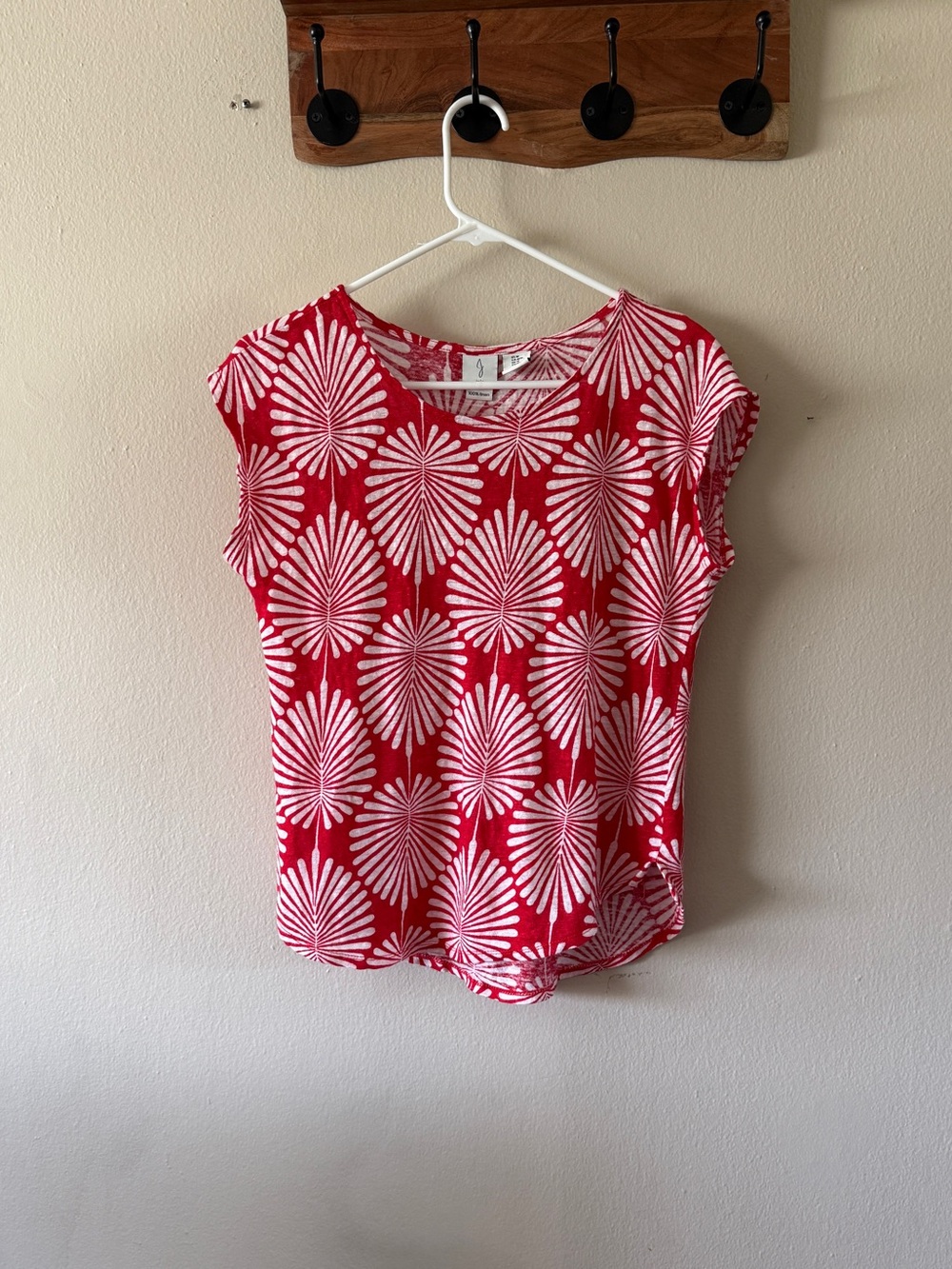 Joie Palm Leaf Print Red White 100% Linen Slub Knit Cap Sleeve Blouse Size M